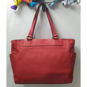 Fossil Red Leather Double Handles Zipper Closure Tote Shoulder Bag